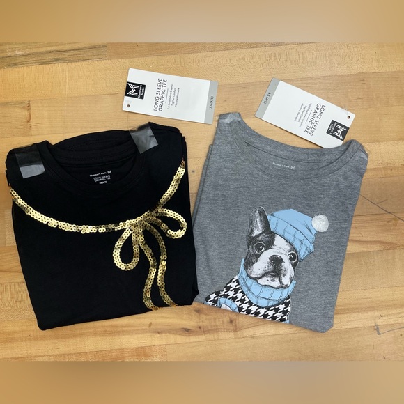 Girls XS (4/5) Long Sleeve Graphic Tees Bundle – Dog Print & Sequin Bow - Picture 2 of 7